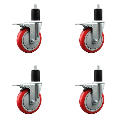 Service Caster 5'' Red Poly Swivel 1-3/4'' Expanding Stem Caster Set Total Lock Brake, 4PK SCC-EXTTL20S514-PPUB-RED-134-4